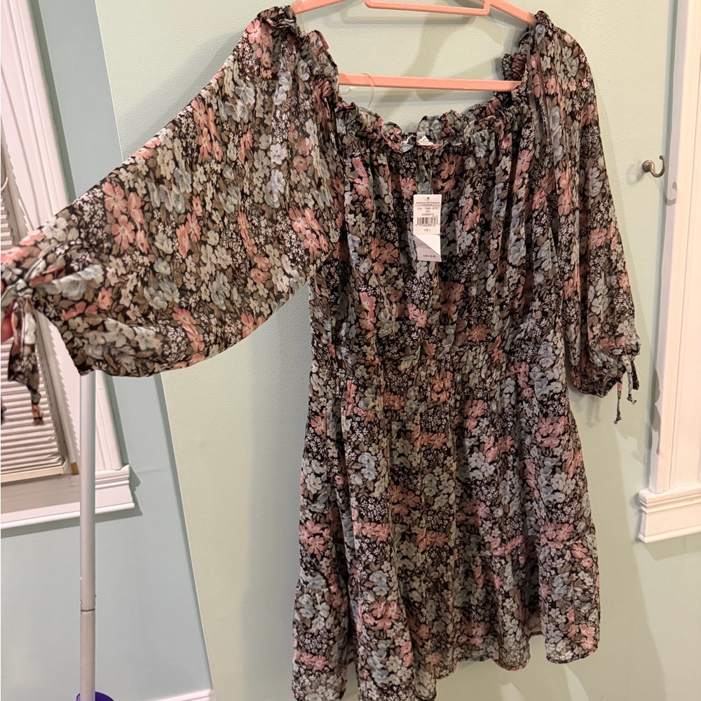 American Eagle Outfitters Floral Long Sleeve Dress - Pink, Black, and Gray